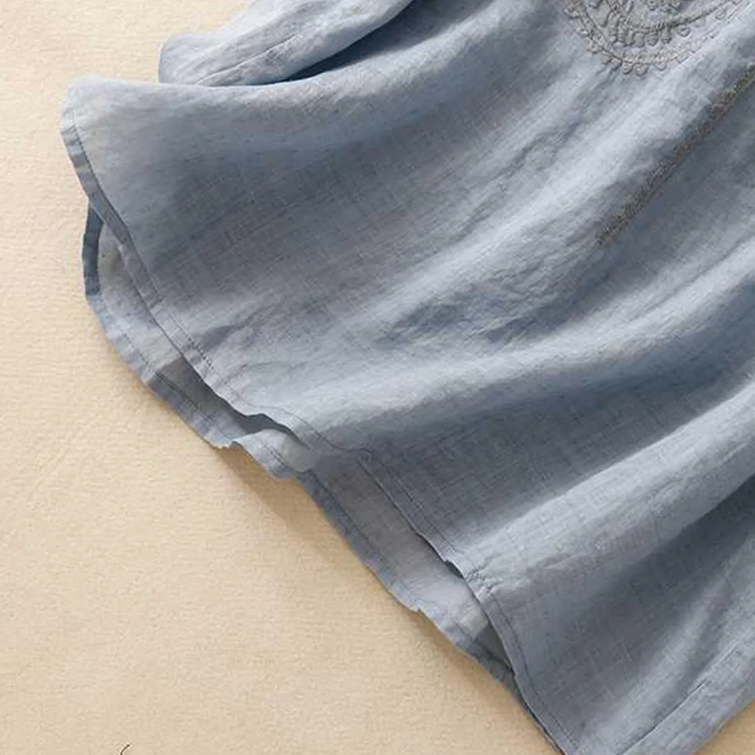 Women Summer Short Sleeve Cotton Linen Peasant Tops Smock Mexican Boho Embroidered T-Shirt Casual V Neck Oversized