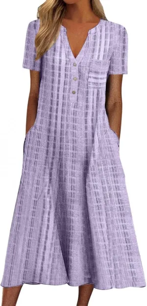 Womens 2023 Summer Casual Tank Dress Sleeveless Button Up V Neck Print Hem Swing Midi Sundress with Pocket Mid Calf Length