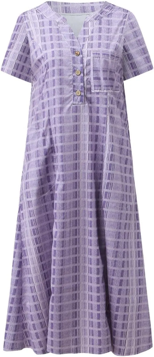 Womens 2023 Summer Casual Tank Dress Sleeveless Button Up V Neck Print Hem Swing Midi Sundress with Pocket Mid Calf Length