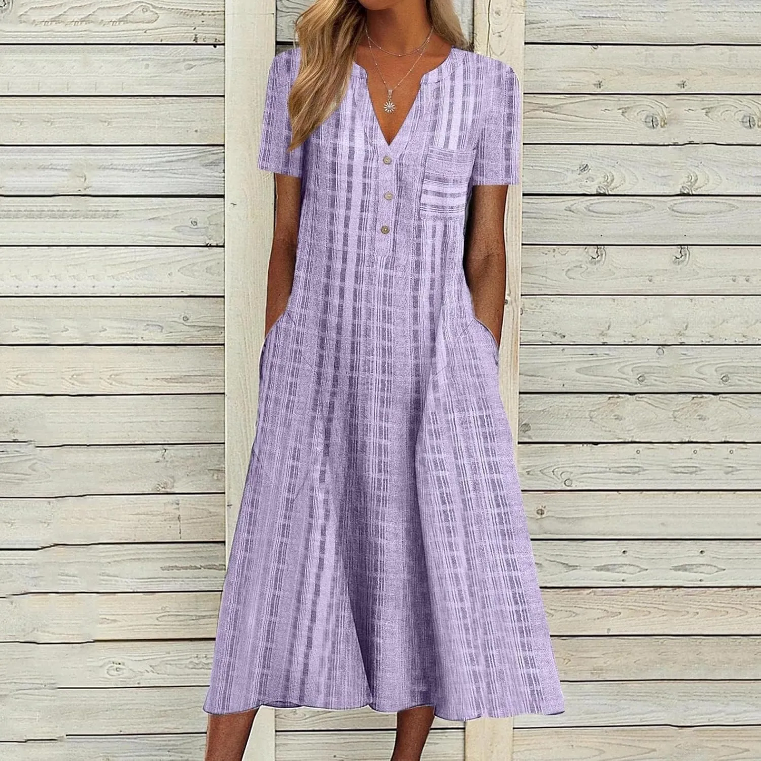 Womens 2023 Summer Casual Tank Dress Sleeveless Button Up V Neck Print Hem Swing Midi Sundress with Pocket Mid Calf Length