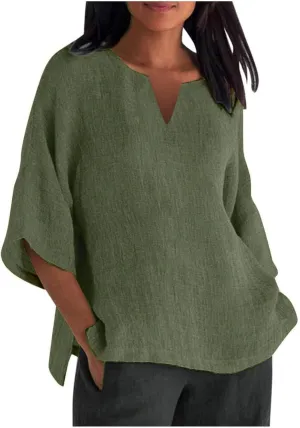 Womens 3/4 Sleeve Tops Summer V Neck Linen Shirts Quarter Sleeve T Shirts Plus Size Tunics Casual Beach Tee Blouse