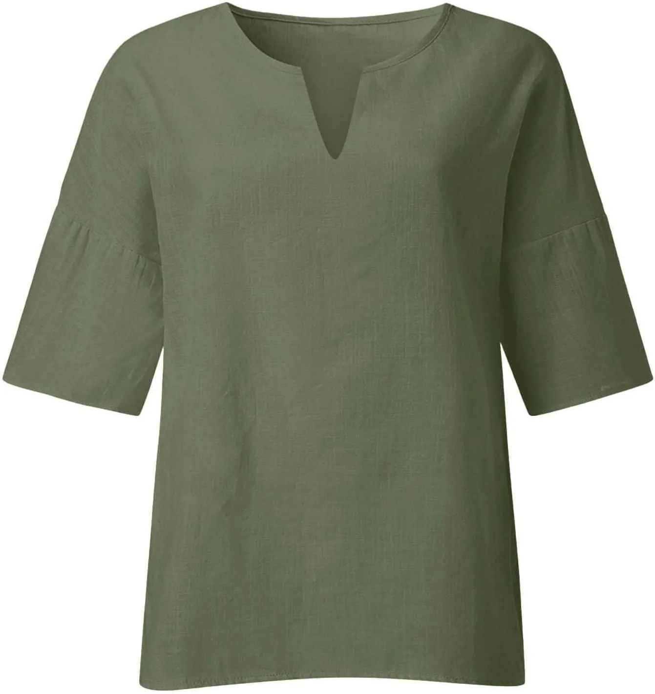 Womens 3/4 Sleeve Tops Summer V Neck Linen Shirts Quarter Sleeve T Shirts Plus Size Tunics Casual Beach Tee Blouse