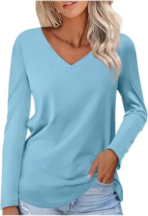 Women's Basic Long Sleeve Tunics Tops V Neck Casual Cute Shirts Fall Loose Fit Blouses Tees Pullover Sweatshirts