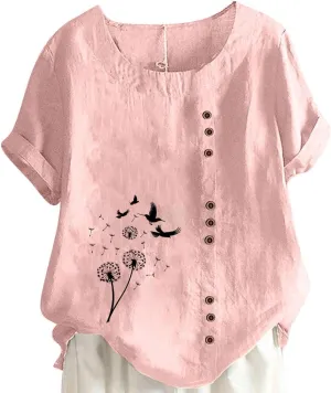 Women's Boho Floral Shirts Short Sleeve Crewneck Embroidery Blouse Button Down Loose Fit Summer T Shirt Linen Tunic