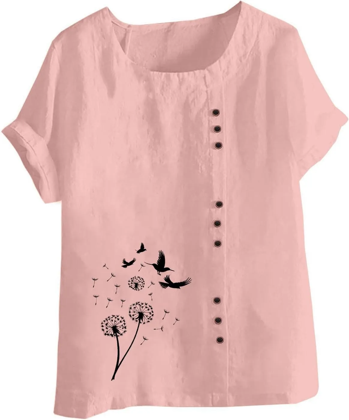 Women's Boho Floral Shirts Short Sleeve Crewneck Embroidery Blouse Button Down Loose Fit Summer T Shirt Linen Tunic