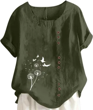 Women's Boho Floral Shirts Short Sleeve Crewneck Embroidery Blouse Button Down Loose Fit Summer T Shirt Linen Tunic