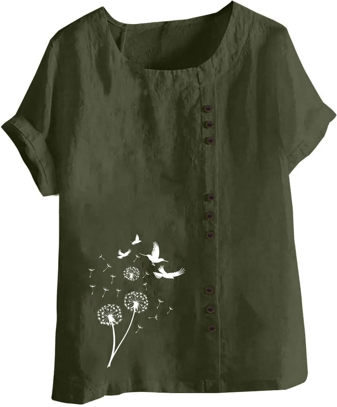 Women's Boho Floral Shirts Short Sleeve Crewneck Embroidery Blouse Button Down Loose Fit Summer T Shirt Linen Tunic