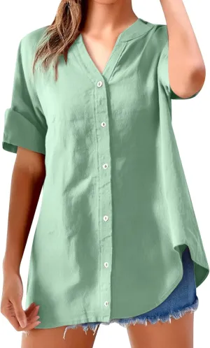 Womens Boho Linen Short Sleeve T Shirts Summer 2024 Fashion Casual Oversized Tunics Round Neck Loose Tshirts