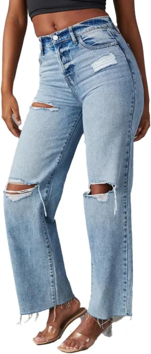 Women's Boyfriend Jeans Stretchy Ripped Distressed Denim Pants S-XXL