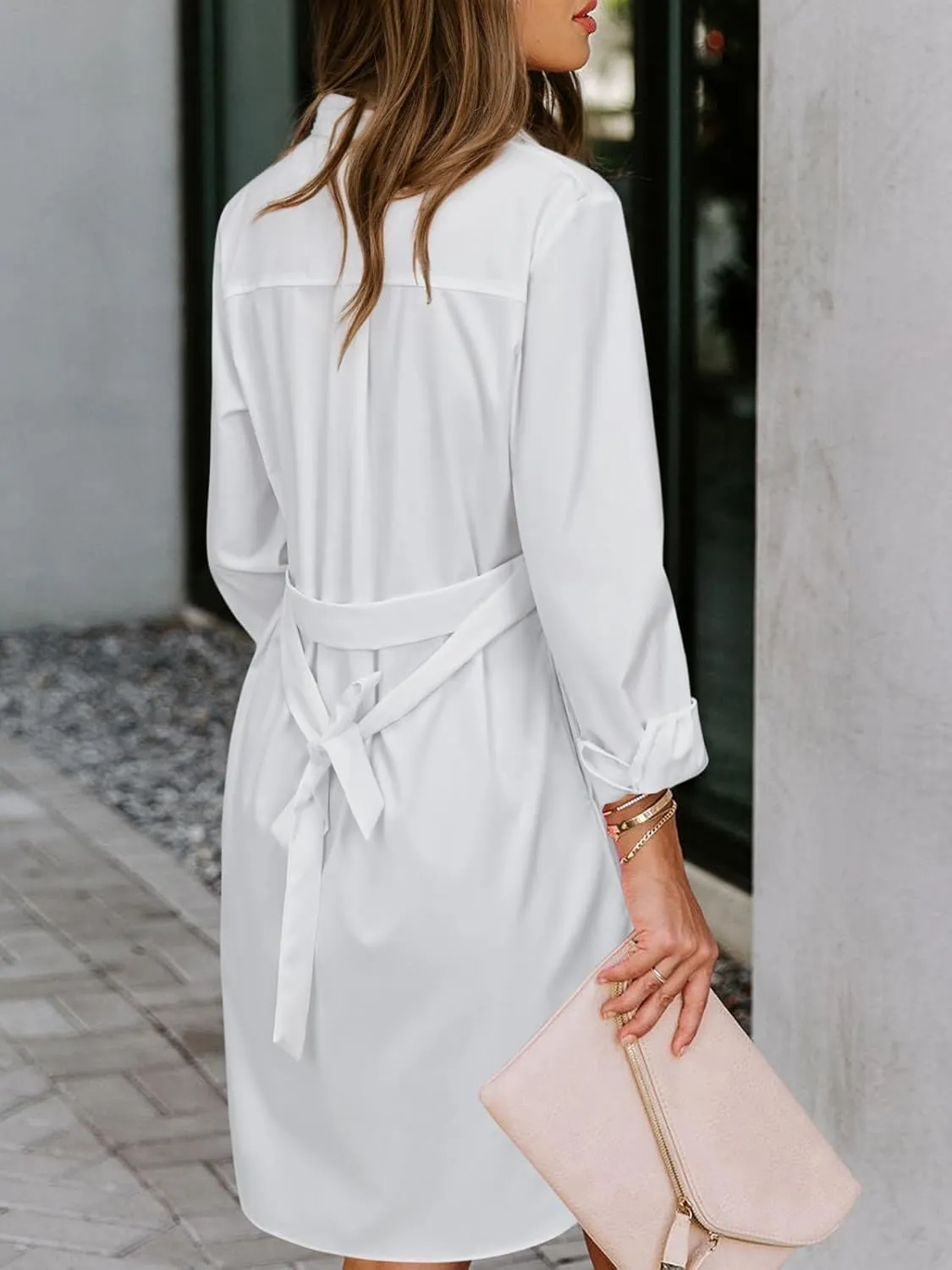 Womens Button Down Shirt Dresses with Pockets Cotton Button Up Tunics Long Sleeve Solid High Low Blouse Tops