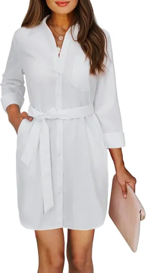 Womens Button Down Shirt Dresses with Pockets Cotton Button Up Tunics Long Sleeve Solid High Low Blouse Tops