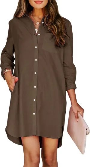 Womens Button Down Shirt Dresses with Pockets Cotton Button Up Tunics Long Sleeve Solid High Low Blouse Tops