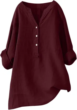 Womens Button Up Shirt Plain Short Sleeve Cotton Linen Summer Casual Trendy Blouses Top Loose Fit Tee Shirt