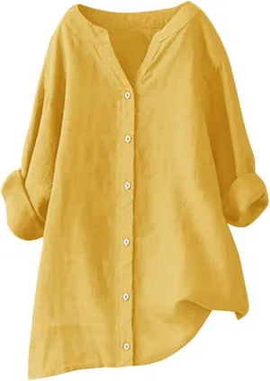 Womens Button Up Shirt Solid Short Sleeve Linen Summer Casual Basic Blouse Tops Loose Tee Shirt