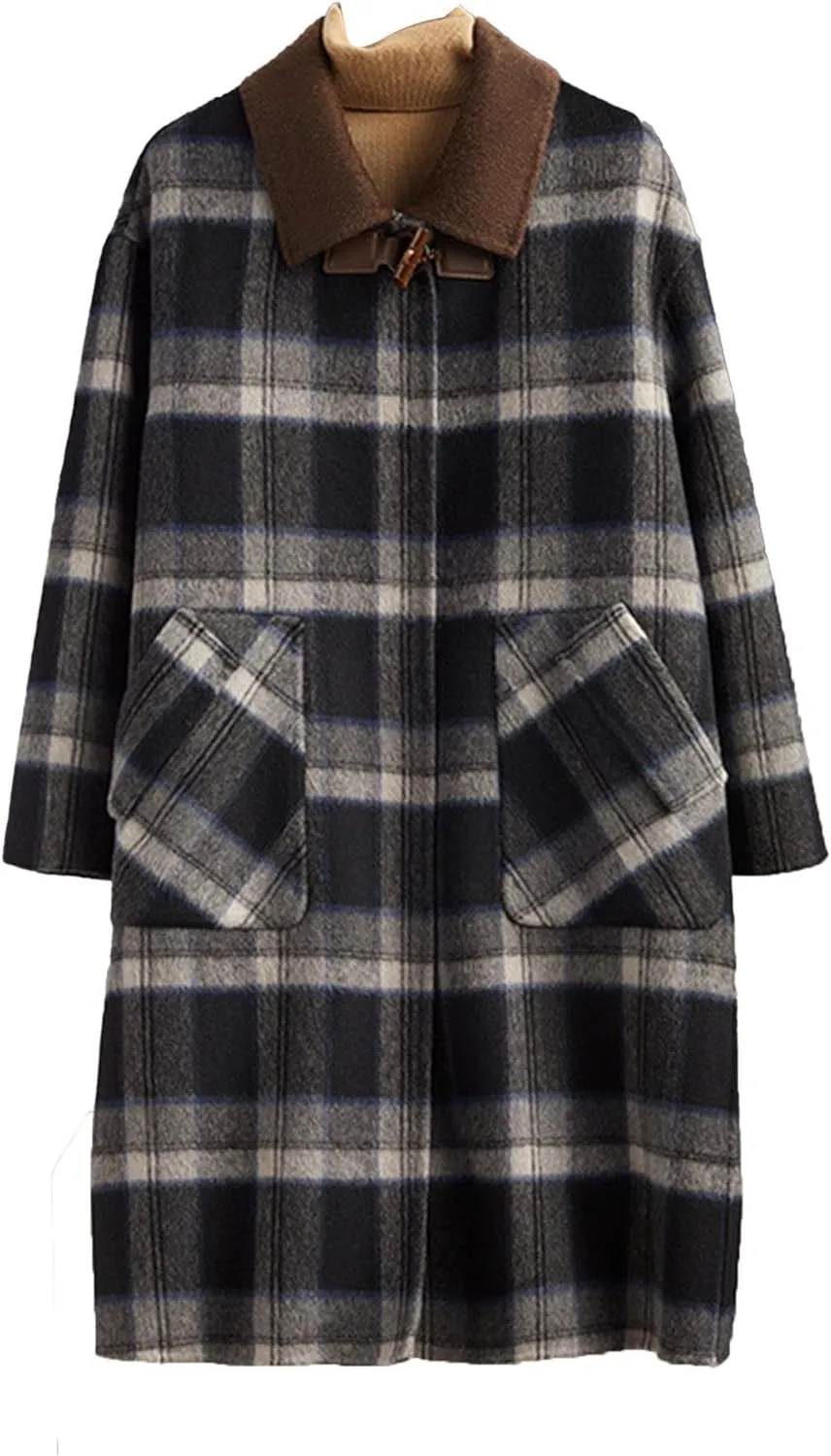 Women's Casual Long Plaid Cardigans Coats Wool Blend Button Down Long Jacket Lightweight Fashion Fall Outerwear