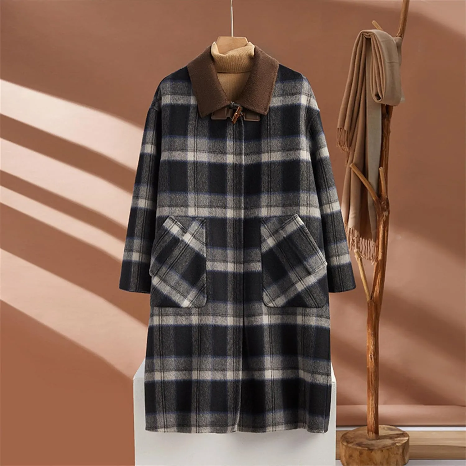 Women's Casual Long Plaid Cardigans Coats Wool Blend Button Down Long Jacket Lightweight Fashion Fall Outerwear