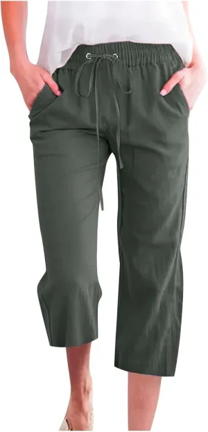 Women's Cotton Linen Capri Pant Loose Elastic Straight Leg Summer Beach Pants with Pockets
