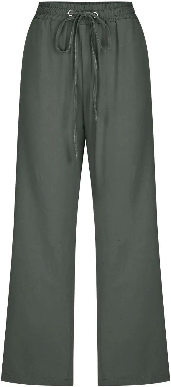 Women's Cotton Linen Capri Pant Loose Elastic Straight Leg Summer Beach Pants with Pockets