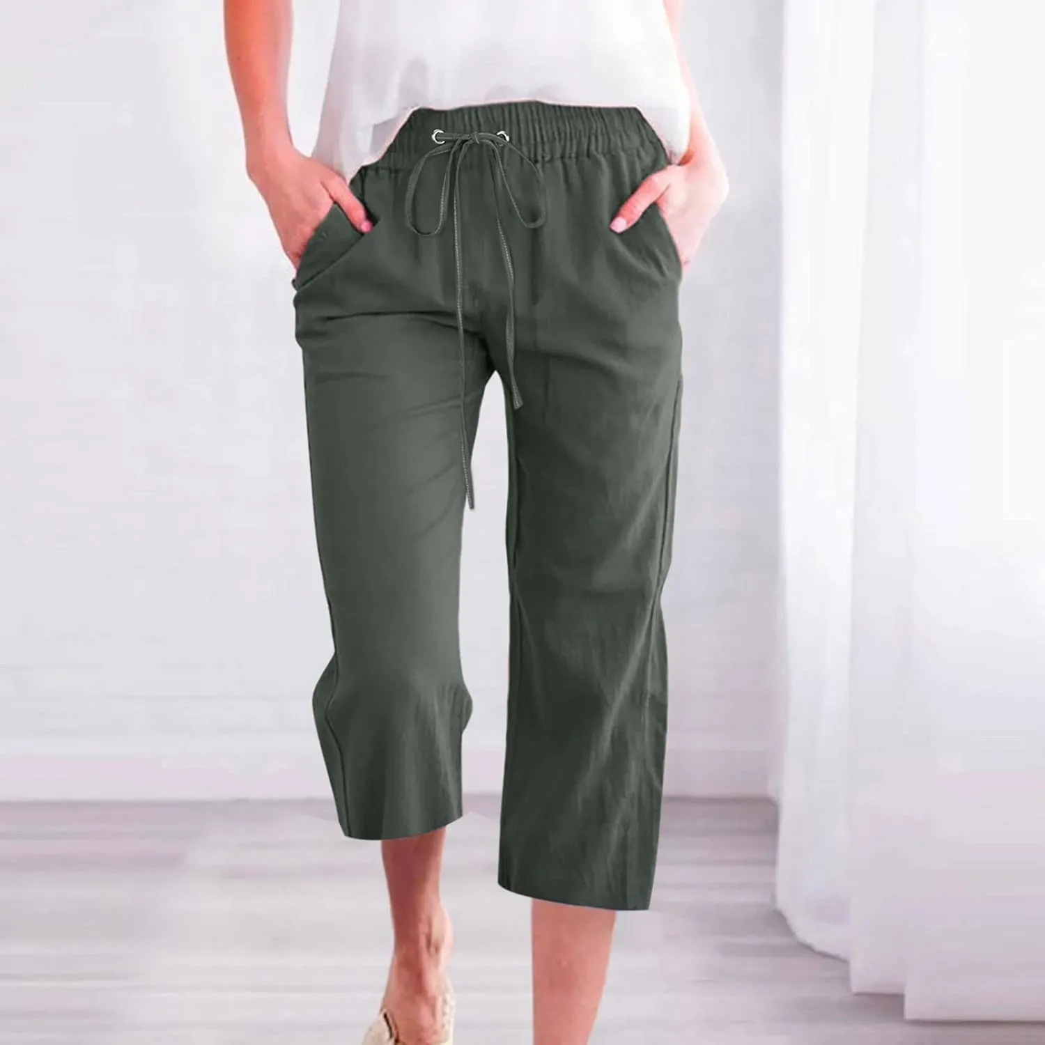 Women's Cotton Linen Capri Pant Loose Elastic Straight Leg Summer Beach Pants with Pockets