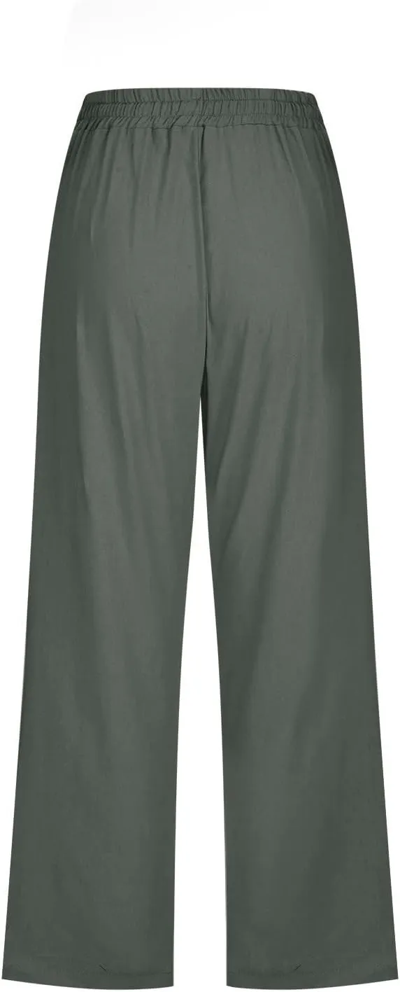 Women's Cotton Linen Capri Pant Loose Elastic Straight Leg Summer Beach Pants with Pockets