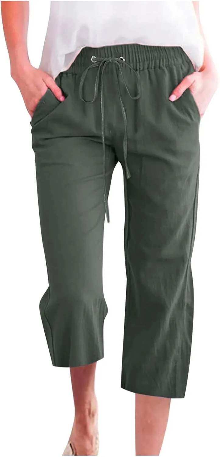 Women's Cotton Linen Capri Pant Loose Elastic Straight Leg Summer Beach Pants with Pockets