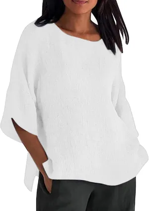 Womens Cotton Linen Shirts Gauze Tunics Tops Crew Neck Blouses Spring Casual Fashion Loose Ladies Tunic Tshirt