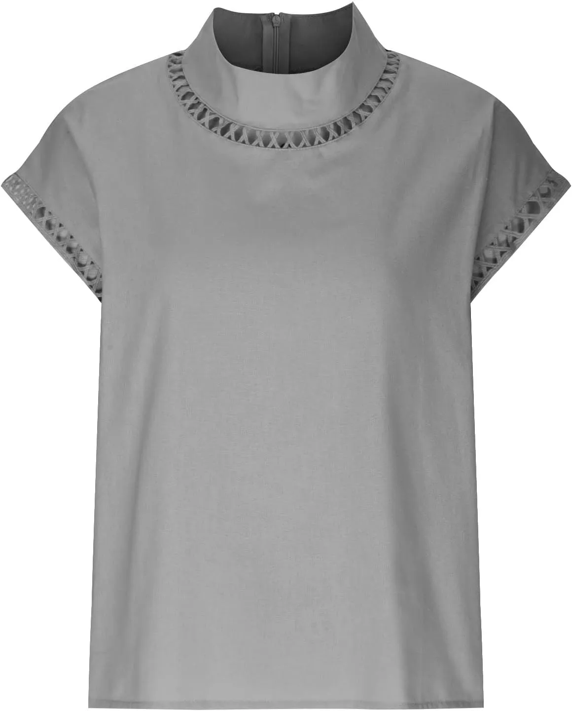 Women's Cotton Linen Tops Mock Turtleneck Summer T-Shirt Casual Hollow Out Cap Sleeve Shirts Loose Solid Blouse