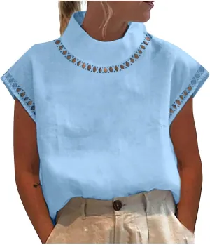 Women's Cotton Linen Tops Mock Turtleneck Summer T-Shirt Casual Hollow Out Cap Sleeve Shirts Loose Solid Blouse