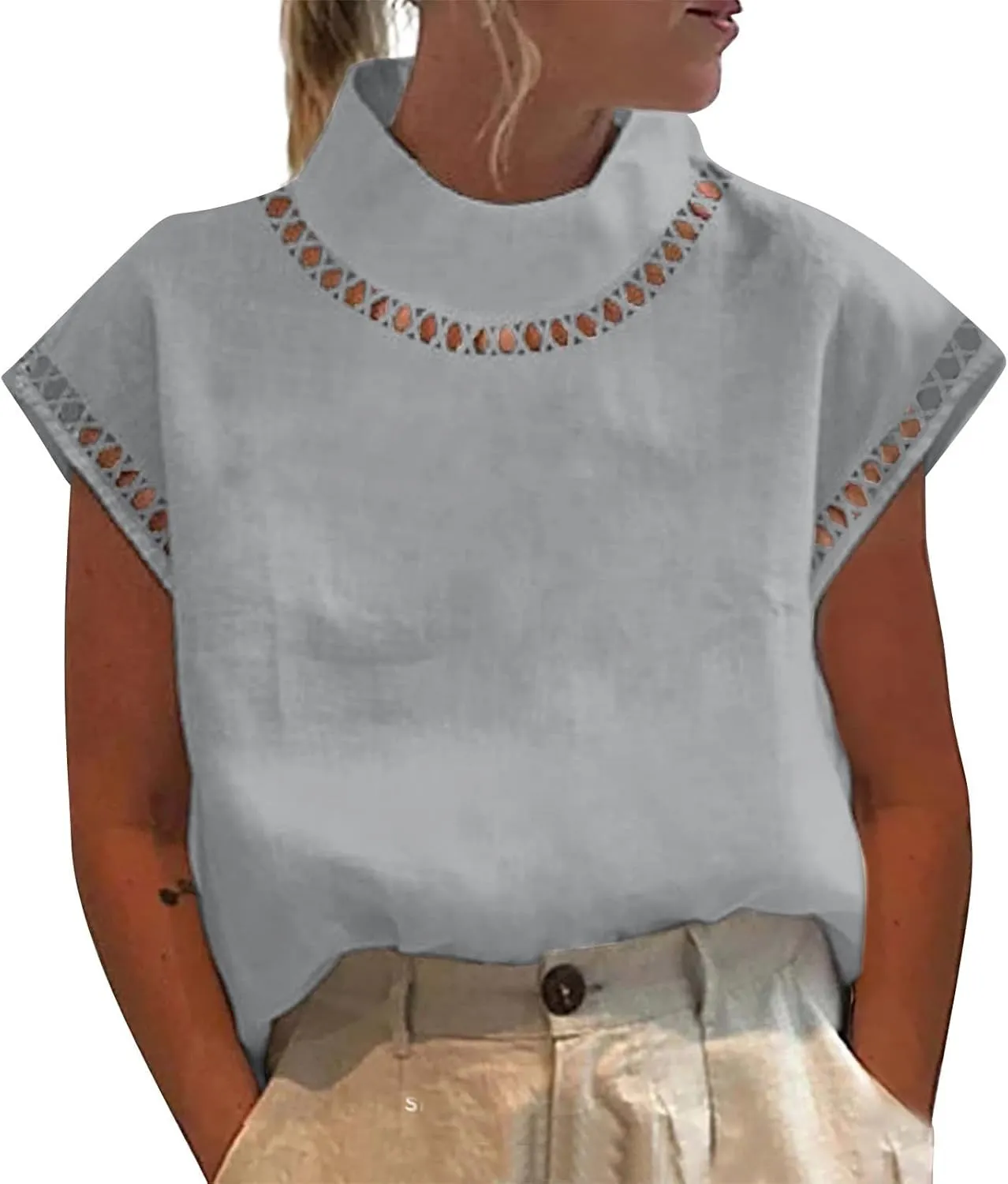 Women's Cotton Linen Tops Mock Turtleneck Summer T-Shirt Casual Hollow Out Cap Sleeve Shirts Loose Solid Blouse