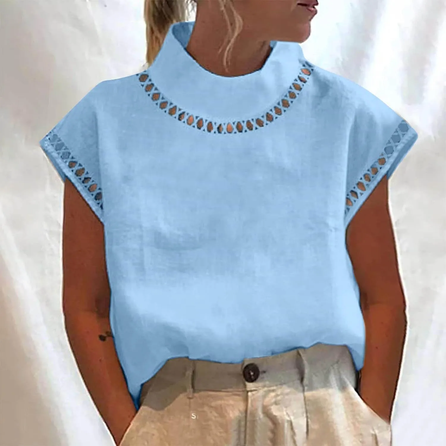 Women's Cotton Linen Tops Mock Turtleneck Summer T-Shirt Casual Hollow Out Cap Sleeve Shirts Loose Solid Blouse