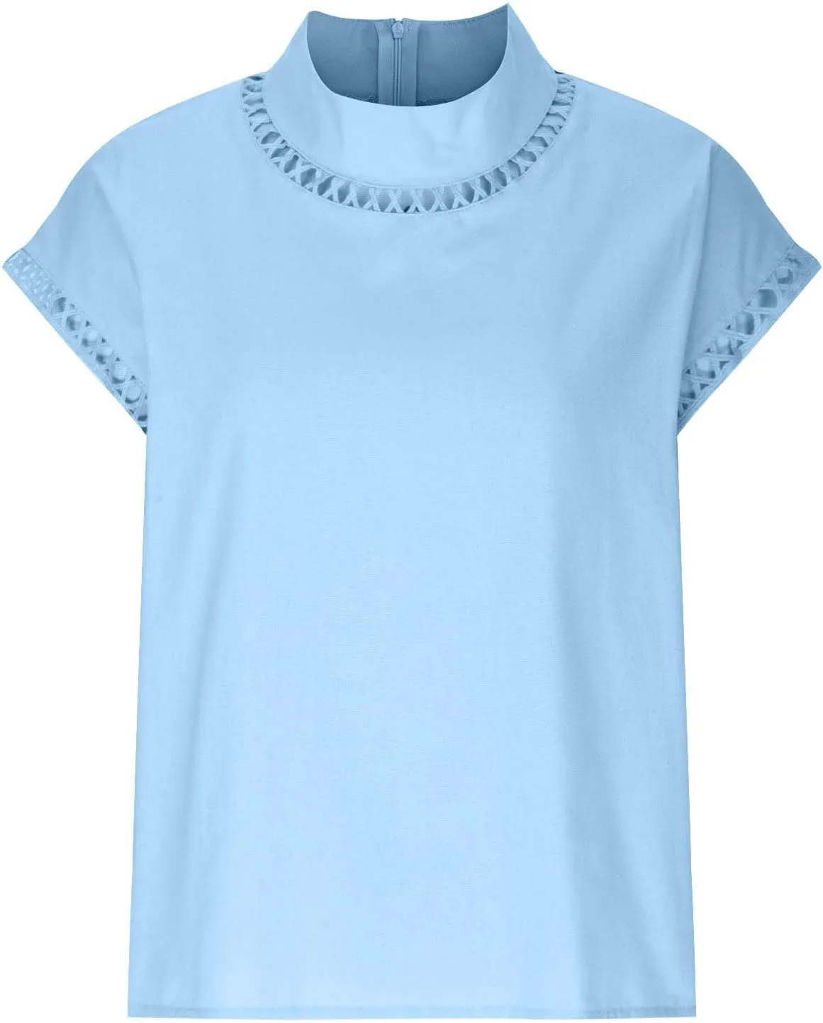 Women's Cotton Linen Tops Mock Turtleneck Summer T-Shirt Casual Hollow Out Cap Sleeve Shirts Loose Solid Blouse