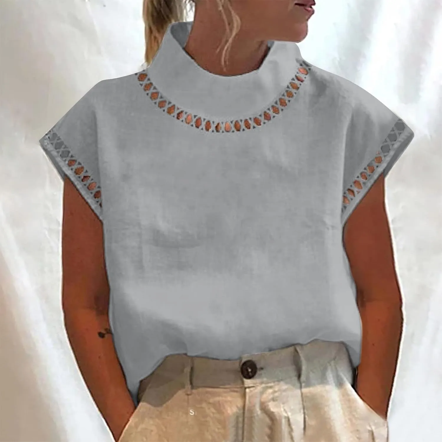 Women's Cotton Linen Tops Mock Turtleneck Summer T-Shirt Casual Hollow Out Cap Sleeve Shirts Loose Solid Blouse