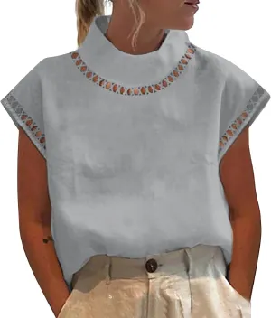 Women's Cotton Linen Tops Mock Turtleneck Summer T-Shirt Casual Hollow Out Cap Sleeve Shirts Loose Solid Blouse