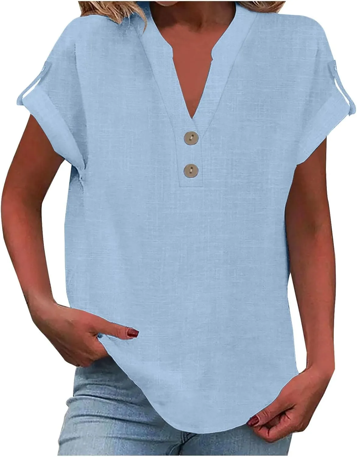 Womens Cotton Linen Tops Short Sleeve V Neck Soft Button Down Tops 2025 Spring Summer Plus Size Blouses Dressy S-5XL
