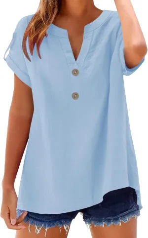 Womens Cotton Linen Tops Short Sleeve V Neck Soft Button Down Tops 2025 Spring Summer Plus Size Blouses Dressy S-5XL