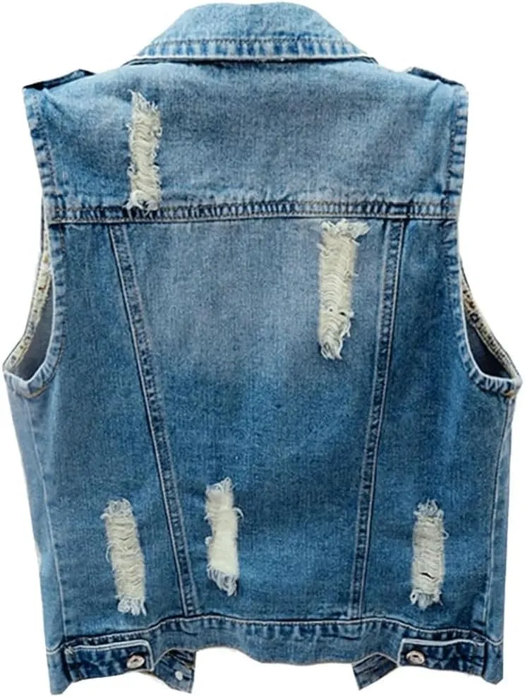 Womens Distressed Denim Fit Button Up Sleeveless Cropped Jean Jacket Jean Vest