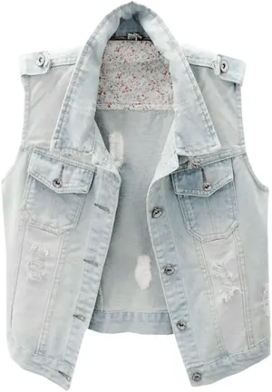 Womens Distressed Denim Fit Button Up Sleeveless Cropped Jean Jacket Jean Vest