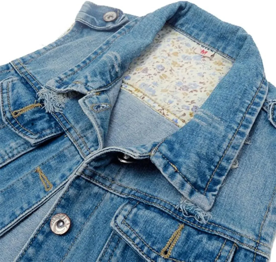 Womens Distressed Denim Fit Button Up Sleeveless Cropped Jean Jacket Jean Vest