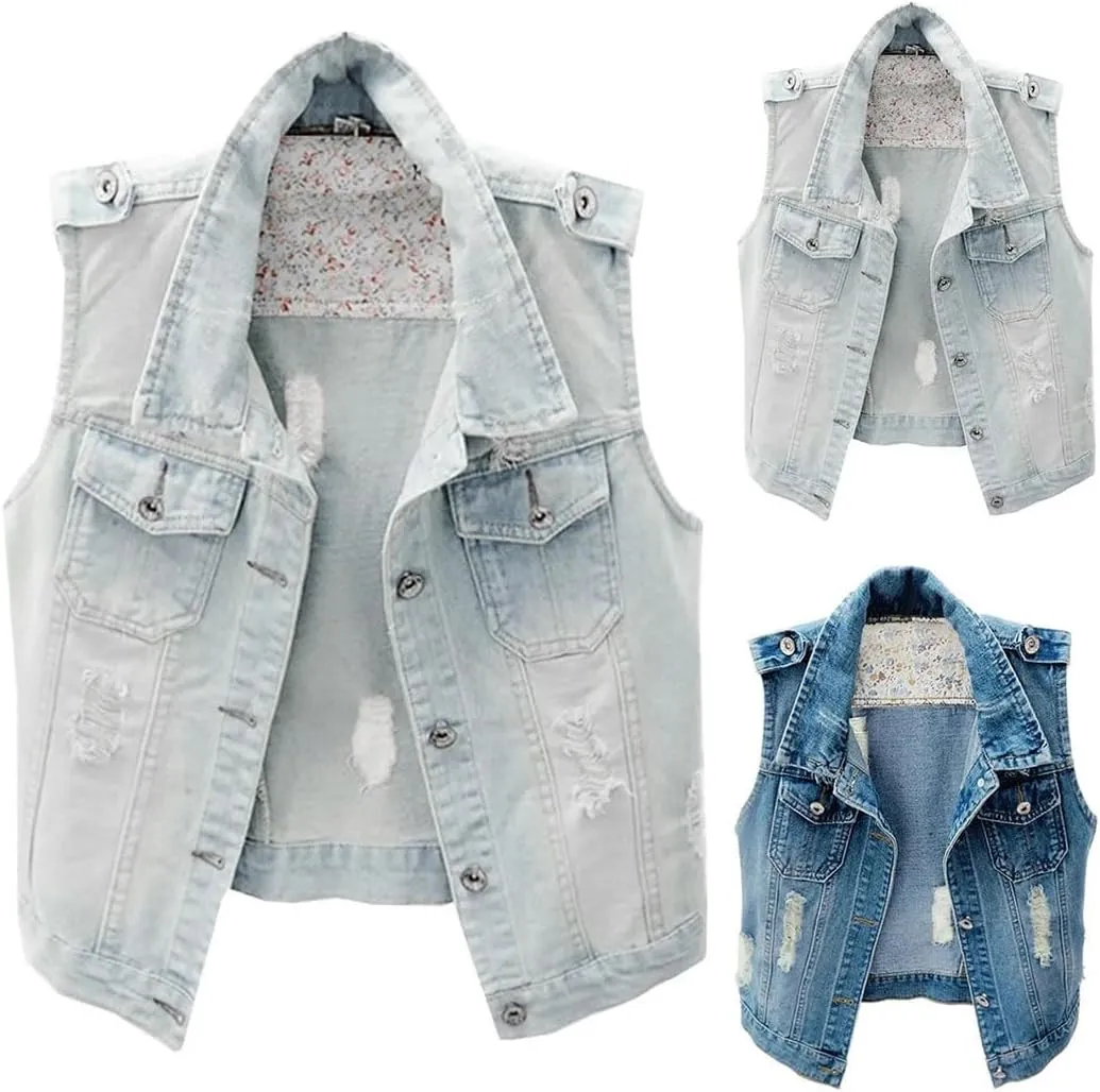 Womens Distressed Denim Fit Button Up Sleeveless Cropped Jean Jacket Jean Vest