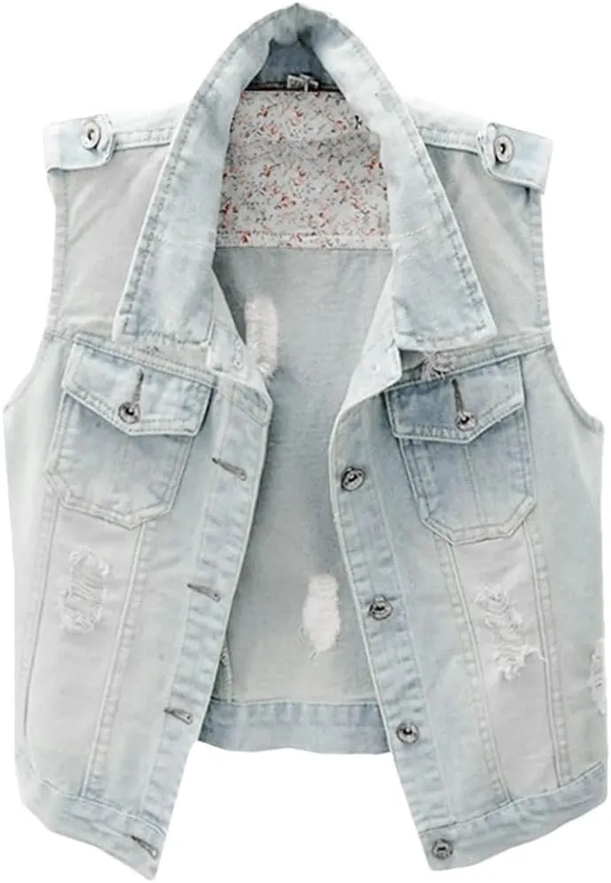 Womens Distressed Denim Fit Button Up Sleeveless Cropped Jean Jacket Jean Vest
