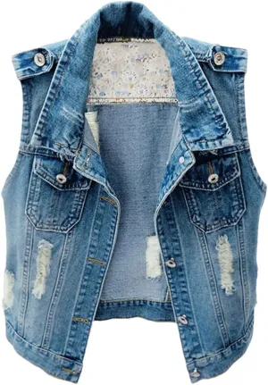 Womens Distressed Denim Fit Button Up Sleeveless Cropped Jean Jacket Jean Vest