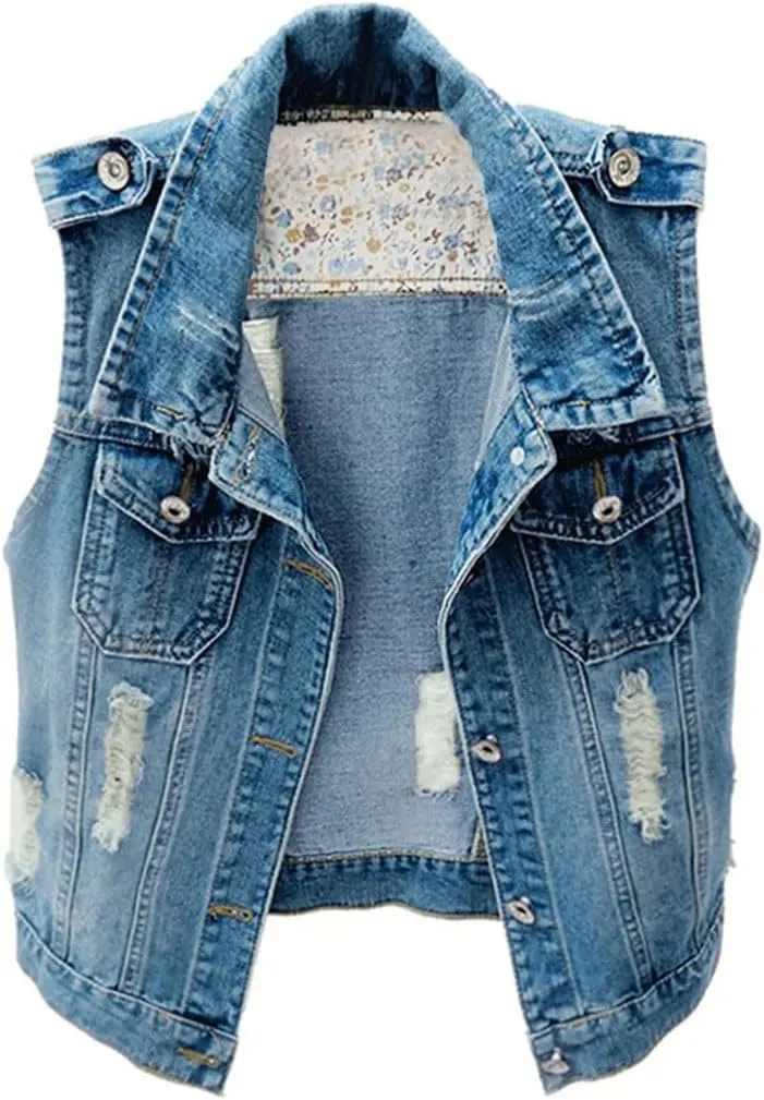 Womens Distressed Denim Fit Button Up Sleeveless Cropped Jean Jacket Jean Vest