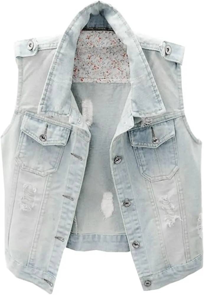 Womens Distressed Denim Fit Button Up Sleeveless Cropped Jean Jacket Jean Vest
