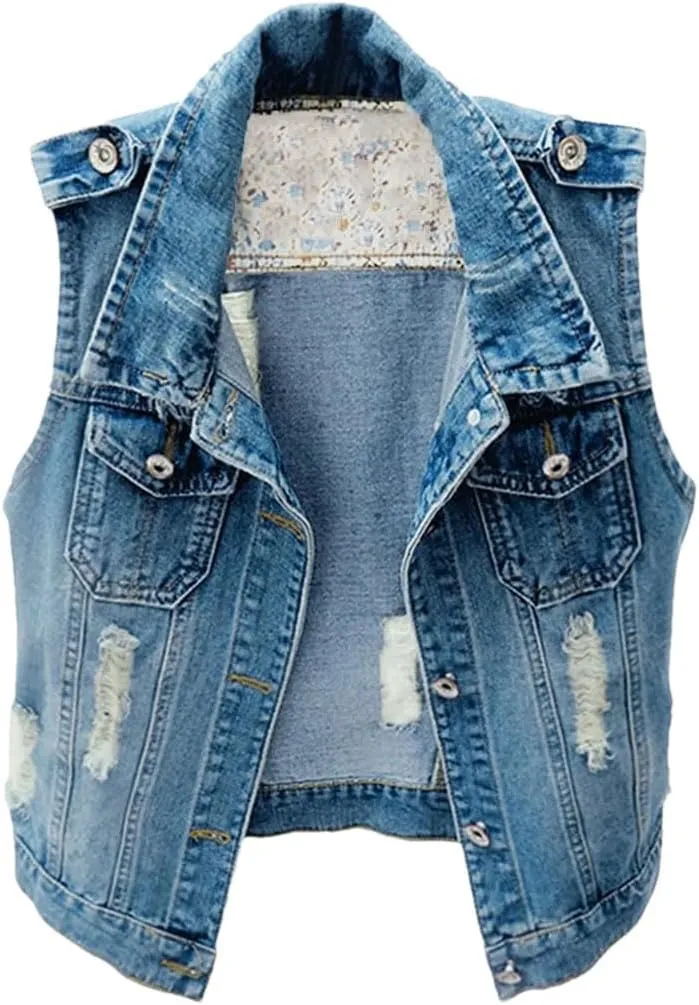 Womens Distressed Denim Fit Button Up Sleeveless Cropped Jean Jacket Jean Vest