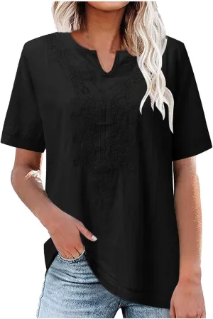 Women's Embroidered Blouse Cotton Linen Short Sleeve Peasant Boho Tunic Tops Casual Notch V Neck Loose Fit T-Shirts