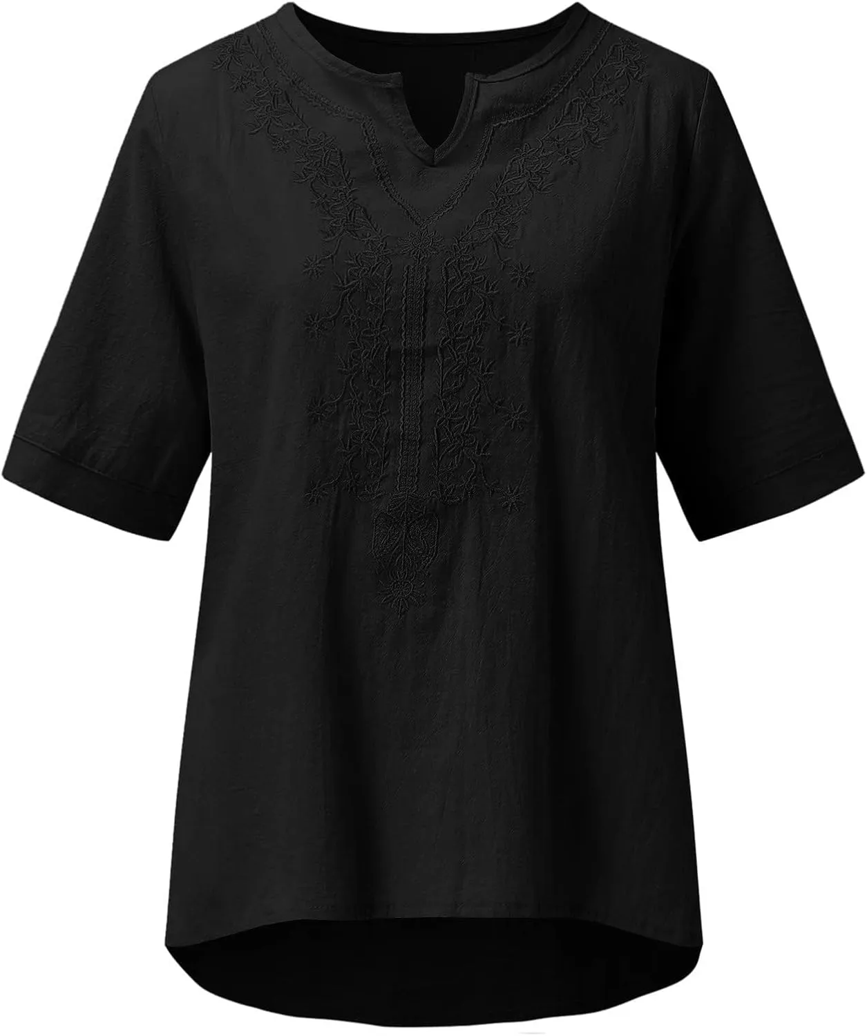 Women's Embroidered Blouse Cotton Linen Short Sleeve Peasant Boho Tunic Tops Casual Notch V Neck Loose Fit T-Shirts