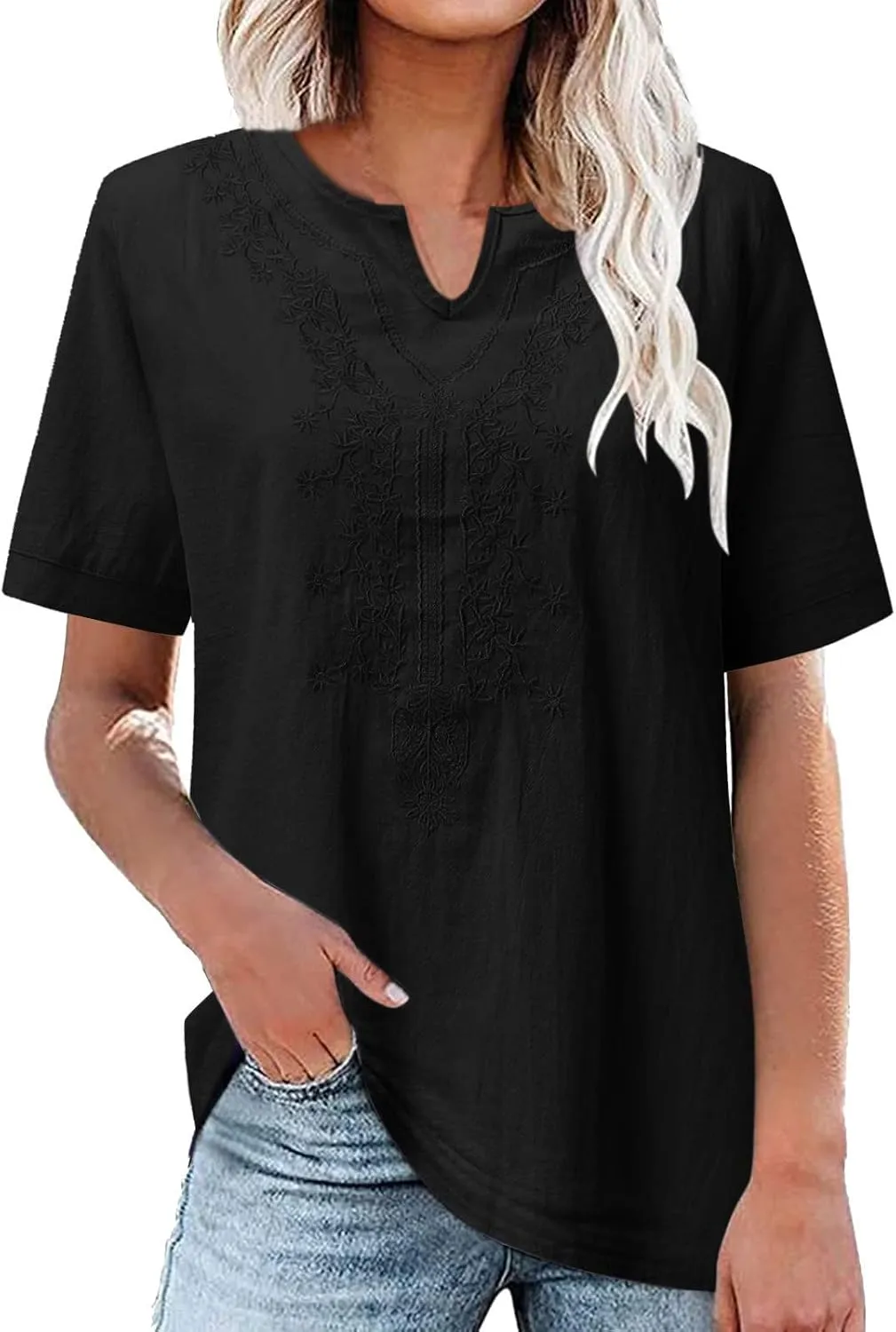 Women's Embroidered Blouse Cotton Linen Short Sleeve Peasant Boho Tunic Tops Casual Notch V Neck Loose Fit T-Shirts