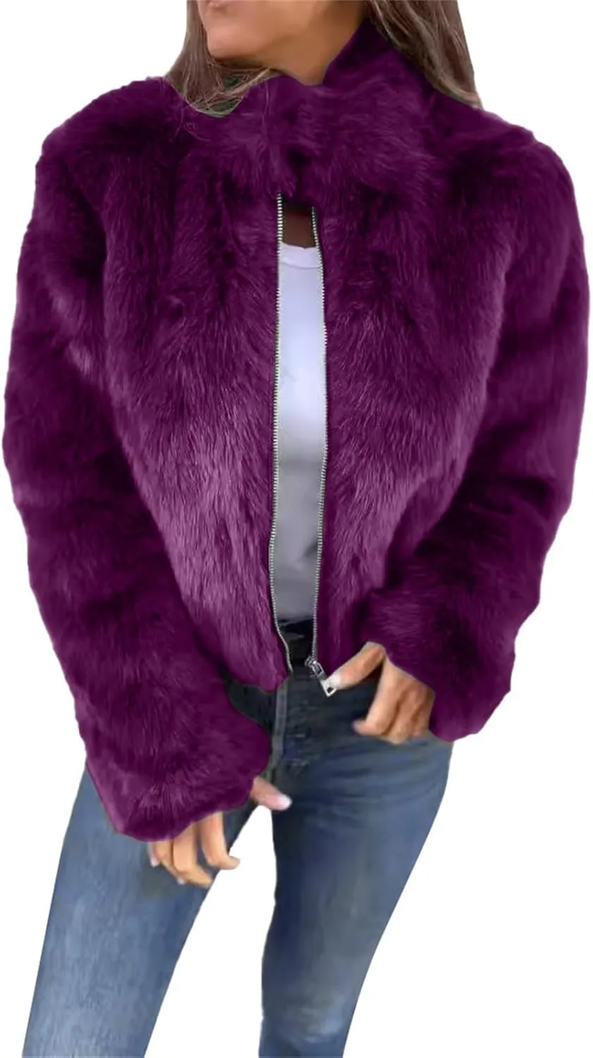 Women's Fashion Cropped Faux r Wool Jacket Shaggy Warm Open Front Cardigan Coat Casual Long Sleeve lffy