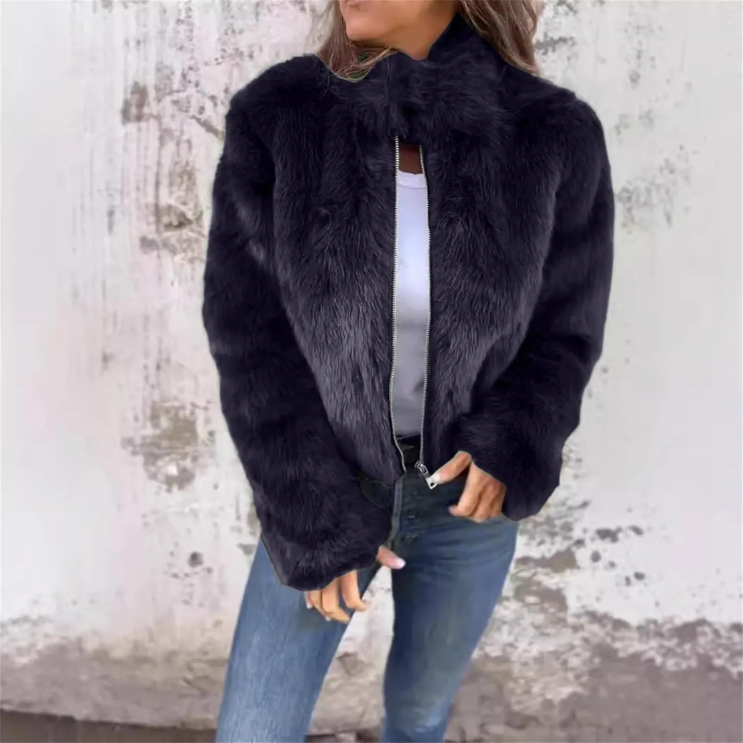 Women's Fashion Cropped Faux r Wool Jacket Shaggy Warm Open Front Cardigan Coat Casual Long Sleeve lffy
