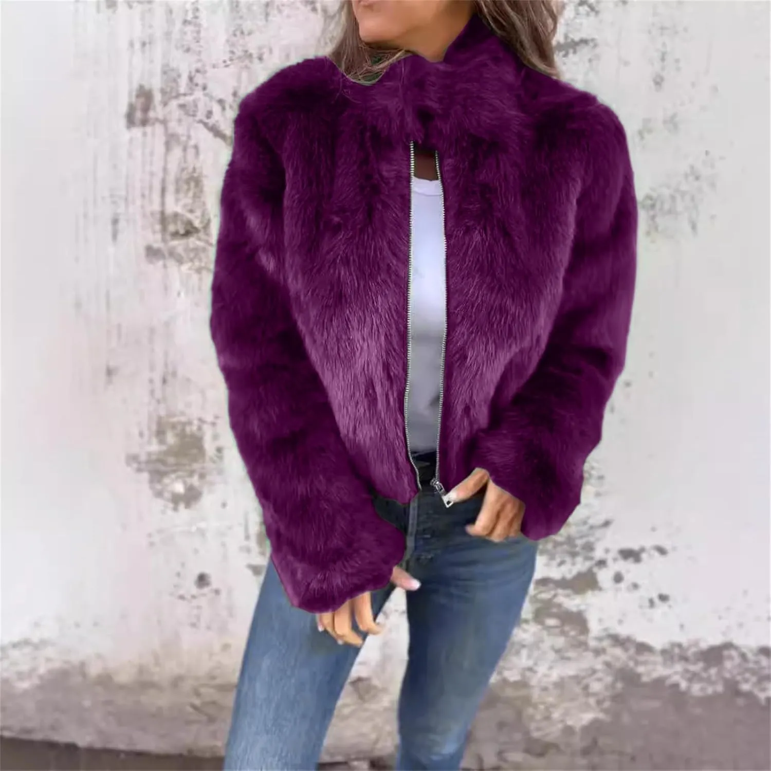 Women's Fashion Cropped Faux r Wool Jacket Shaggy Warm Open Front Cardigan Coat Casual Long Sleeve lffy
